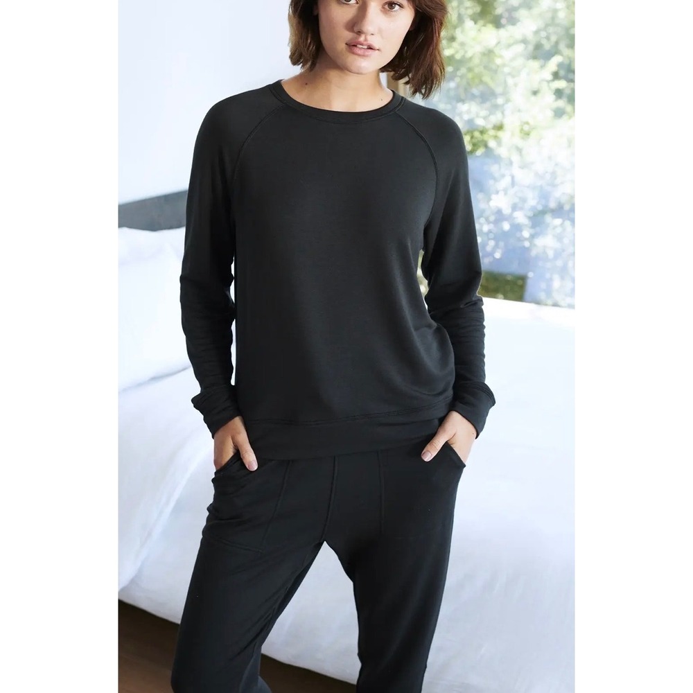 Quince SuperSoft Fleece Crew Black Raglan Sweatshirt Womens Small